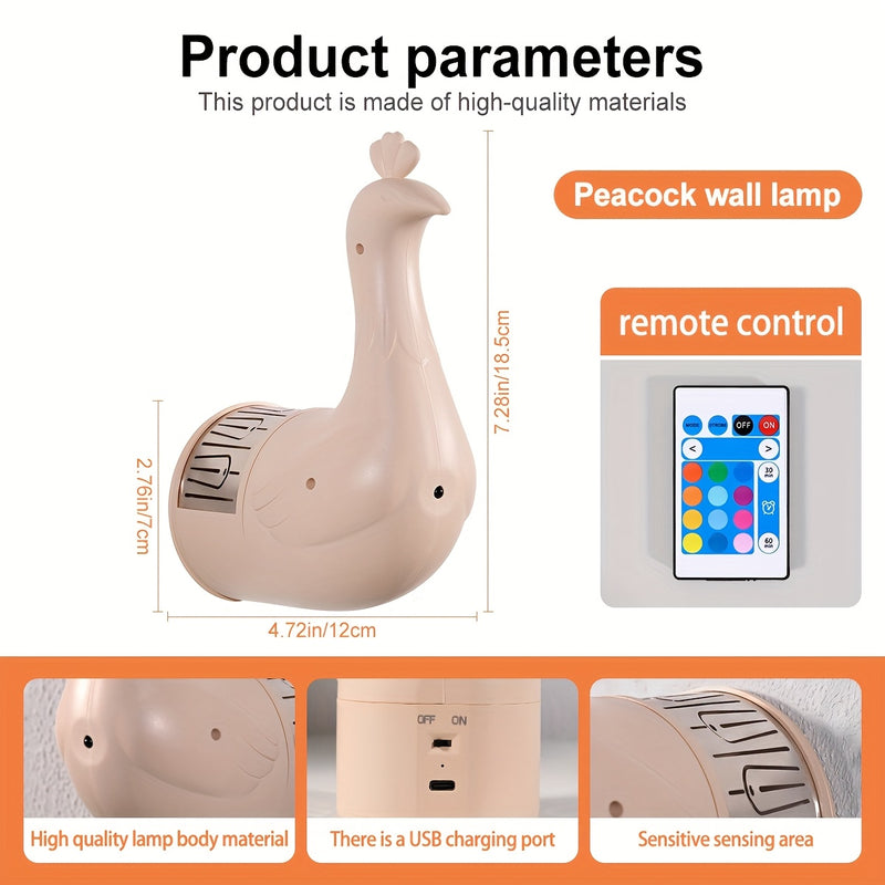 Lámpara de pared de pavos reales - Lámpara de pared de plástico de arte 3D independiente, 16 colores ajustables para diferentes habitaciones - Iluminación con temática animal, control remoto y táctil, batería recargable, adecuada para fiestas en interior