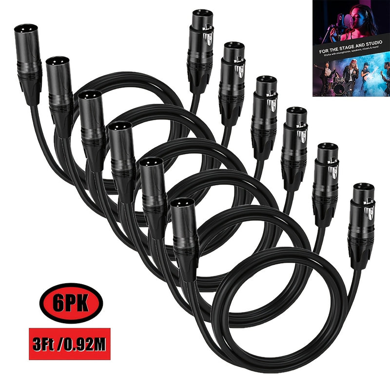 6 cables de micrófono XLR de 3 pies - Negro, conexiones de audio balanceadas de 3 pines para altavoces, mezcladores e iluminación de escenario, cables de equipo de sonido profesional | Equipo de audio profesional | Construcción de cable duradera, accesor