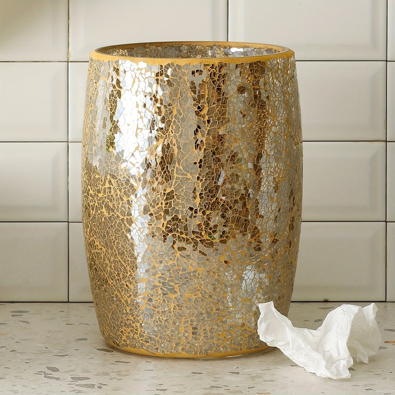 Bote de basura decorativo para baño con mosaico de vidrio, ovalado, 19.05 cm de diámetro x 25.4 cm de alto