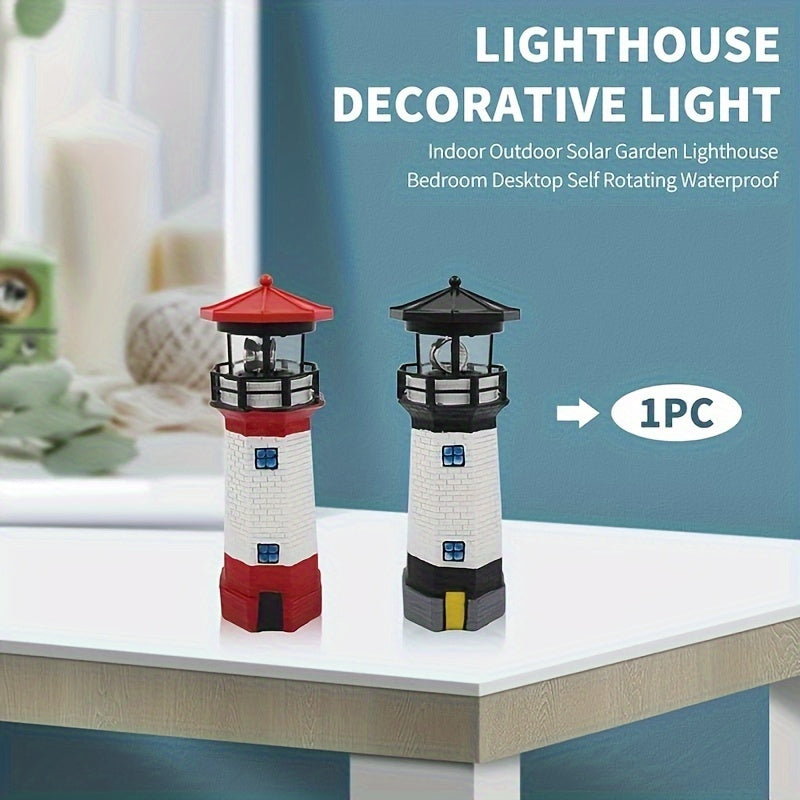 Estatua de faro LED con luz rotativa alimentada por energía solar - Diseño de rayas rojas y blancas resistente al tiempo para jardín, patio, patio y decoración de césped, adorno de césped | Característica de luz rotativa | Construcción duradera de resina