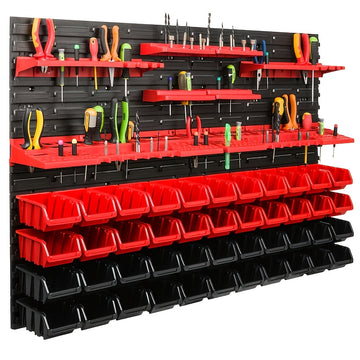 Estante organizador de herramientas montado en pared, resistente - Rack de almacenamiento multicompartimento con estantes plásticos rojos y negros, tableros colgantes y ganchos para garaje, taller - Organización de taller duradera y ahorradora de espacio
