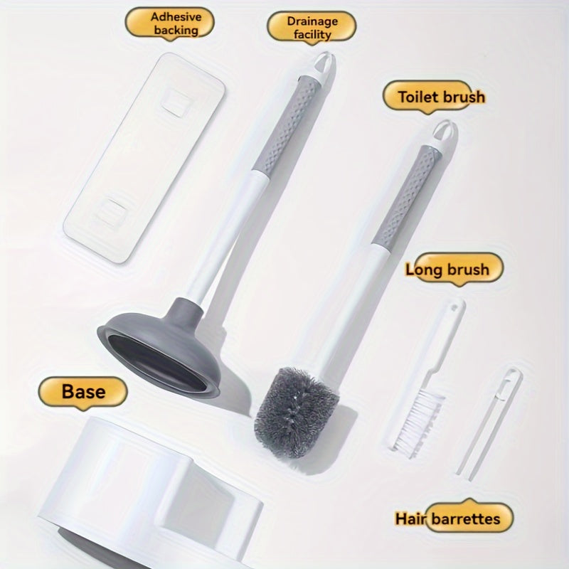 Kit de limpieza para inodoros de 4 piezas con cepillo de mango largo, desatascador y soporte - Juego de limpieza profunda para baños de plástico duradero