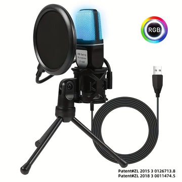 Micrófono de juego, micrófono USB para PC para podcasts de video, transmisión, micrófono de condensador con función de silencio rápido, trípode, filtro de pop, luz indicadora RGB, soporte antivibraciones, perilla de ganancia rotativa, compatible con PS4/