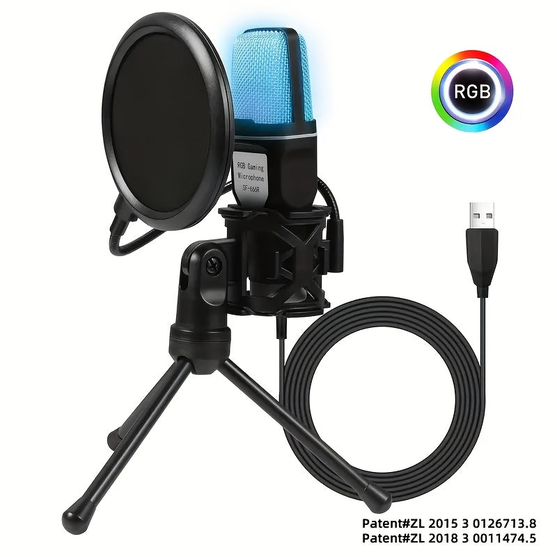 Micrófono de juego, micrófono USB para PC para podcasts de video, transmisión, micrófono de condensador con función de silencio rápido, trípode, filtro de pop, luz indicadora RGB, soporte antivibraciones, perilla de ganancia rotativa, compatible con PS4/