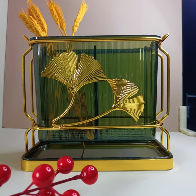 Organizador de utensilios de metal dorado elegante con bandeja de drenaje - Diseño de doble compartimento para cocina y comedor, perfecto para almacenamiento de bolígrafos, lápices y cubiertos, organizadores y almacenamiento de cocina.