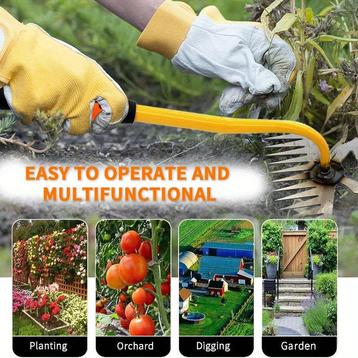 Rastrillo Multiusos de Alta Resistencia con Cabeza Afilada - Mango Ergonómico Antideslizante, Herramienta de Deshierbe para Jardín y Granja, Uso en Interiores/Exteriores - Eliminación Duradera de Malezas en Céspedes, Macizos Florales, Jardines, Diseño Co