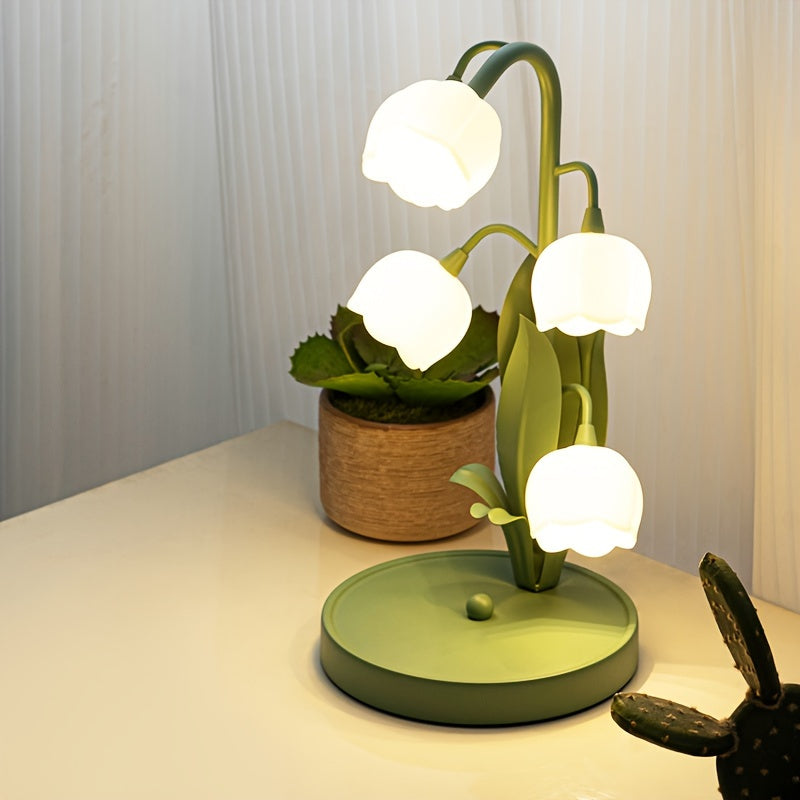 [Lámpara de Mesa de Flor Suzuran con Alimentación USB] Diseño de Flores Artificiales, Acabado Metálico Mate, Iluminación Decorativa Artística, Control con Botón de Encendido, Incluye Interfaz de Alimentación