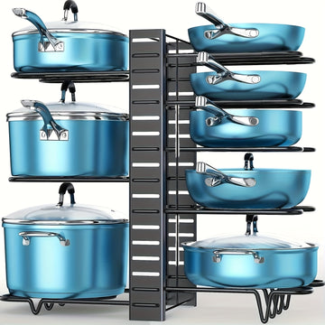 Organizador de ollas y sartenes de metal resistente de 8 niveles, antideslizante y resistente al óxido, diseño de pie para ahorrar espacio, ideal para cocinas en hogares y restaurantes, accesorio moderno y duradero para almacenamiento