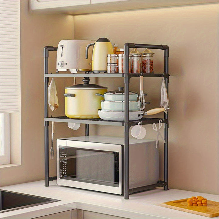Organizador de cocina de 2 niveles para microondas con estantes de rejilla diamantada, amplio y resistente, ideal para microondas, tostadora y electrodomésticos, incluye asas y ganchos, construcción duradera de plástico/metal, diseño ahorrador de espacio
