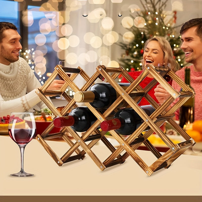 Este soporte de vino plegable puede contener 10 botellas y está hecho de madera, adecuado para cocinas, bares y mostradores de vino.