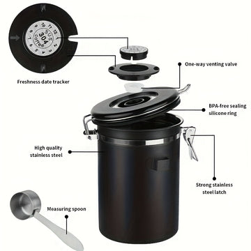 Contenedor Hermético de Acero Inoxidable Reforzado 304 Mejorado por Faridabio con Cuchara - Ideal para Granos de Café, Té y Arroz - Con Válvula de Escape Unidireccional para Mantener el Café Fresco Más Tiempo, Perfecto para Uso en Casa y Oficina
