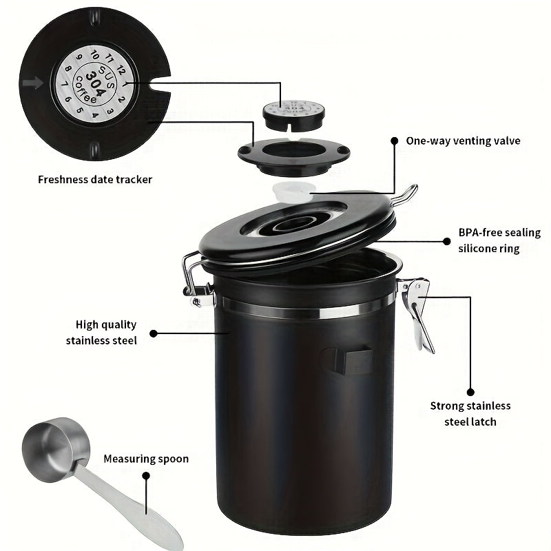 Contenedor Hermético de Acero Inoxidable Reforzado 304 Mejorado por Faridabio con Cuchara - Ideal para Granos de Café, Té y Arroz - Con Válvula de Escape Unidireccional para Mantener el Café Fresco Más Tiempo, Perfecto para Uso en Casa y Oficina