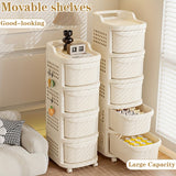 Un estante de almacenamiento grande y móvil estilo carrito, un armario de almacenamiento escalonado para artículos de bebé, un armario de almacenamiento tipo cajón, y un armario de almacenamiento de juguetes engrosado para salas de estar en casa.