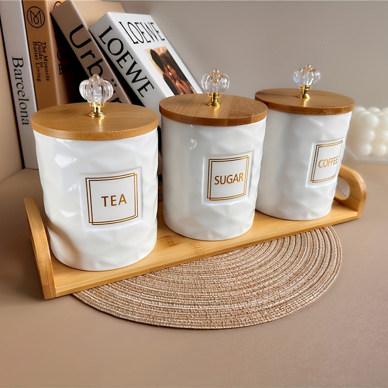 1 juego/3 piezas (650ml*3) con base de madera, tarros cerámicos de mármol estilo nórdico con patrón rombo, contenedores elegantes para té y café - esenciales para bodas, fiestas, Navidad, Acción de Gracias, cumpleaños y uso diario en el hogar