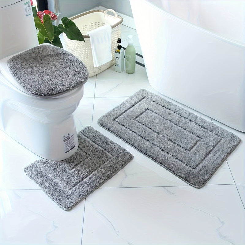 Conjunto de 3 alfombras de baño de microfibra ultrafina - Secado rápido, absorbente, antideslizante, alfombra de baño en forma de U, tapa de inodoro, poliéster tejido, resistente a la decoloración, densidad de 1500 g/m², grosor de 2 cm, lavable a máquina