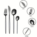 Juego de Cubiertos Elegantes de Acero Inoxidable Negro de 16 Piezas - Incluye Cuchillos para Bistec, Tenedores de Cena, Cucharas para Sopa y Postre - Diseño Elegante para Uso Doméstico y en Restaurantes