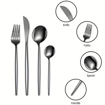 Juego de Cubiertos Elegantes de Acero Inoxidable Negro de 16 Piezas - Incluye Cuchillos para Bistec, Tenedores de Cena, Cucharas para Sopa y Postre - Diseño Elegante para Uso Doméstico y en Restaurantes