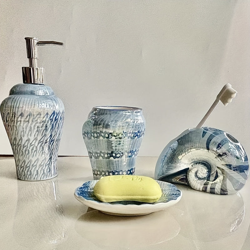 Juego de accesorios de baño de concha de mar de cerámica - Conjunto de 4 piezas de diseño de caracola de mar, incluye soporte de cepillo de dientes, plato de jabón, dispensador de loción, organizador de mostrador, portátil, no necesita electricidad