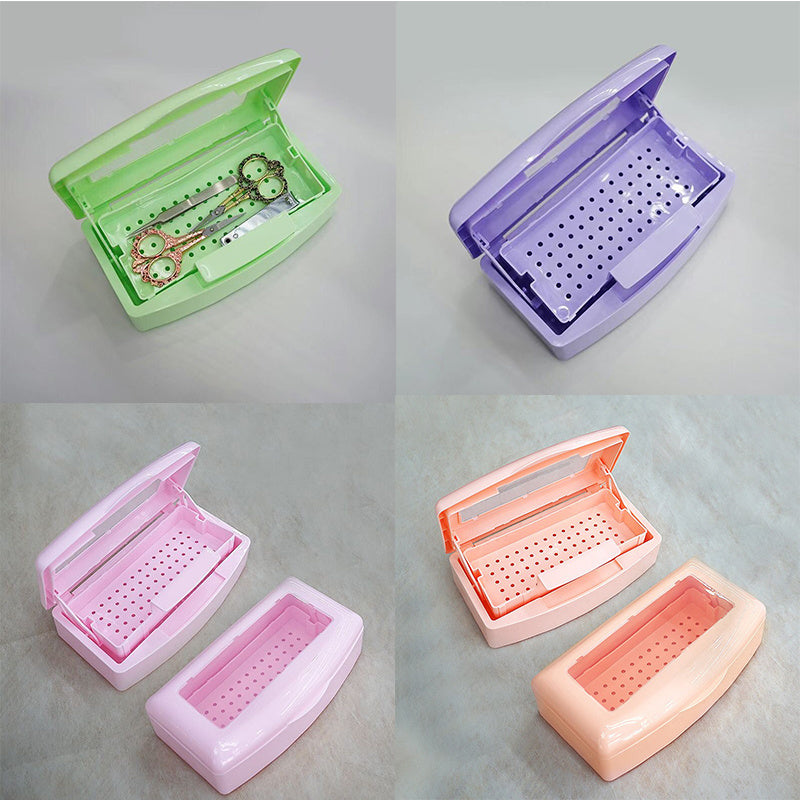 Bandolera de esterilización de uñas de 4 compartimentos - Material PP, no necesita electricidad, caja de desinfección portátil para arte de uñas y manicura con agujeros de ventilación, color verde claro, púrpura, rosa, durazno, suministros de arte de uña