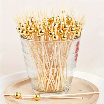 50pcs/30pcs Palillos de Bambú para Cócteles con Perlas Doradas - Brochetas Elegantes para Fruta, Pastel, Aperitivos y Snacks - Ideales para Cumpleaños, Graduación, Aniversario y Decoraciones de Fiestas Festivas
