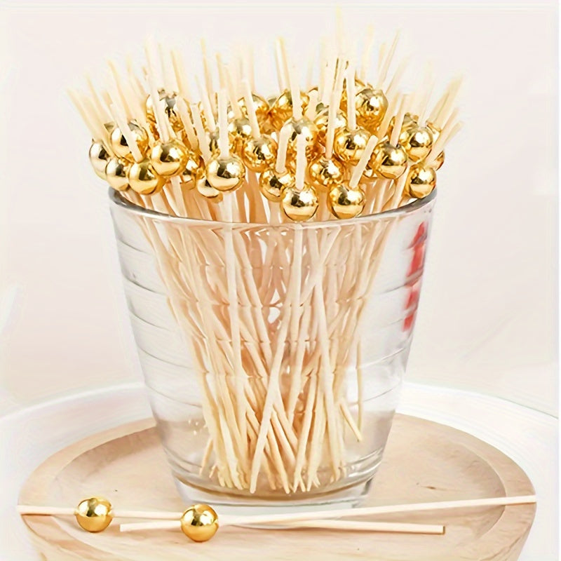 50pcs/30pcs Palillos de Bambú para Cócteles con Perlas Doradas - Brochetas Elegantes para Fruta, Pastel, Aperitivos y Snacks - Ideales para Cumpleaños, Graduación, Aniversario y Decoraciones de Fiestas Festivas