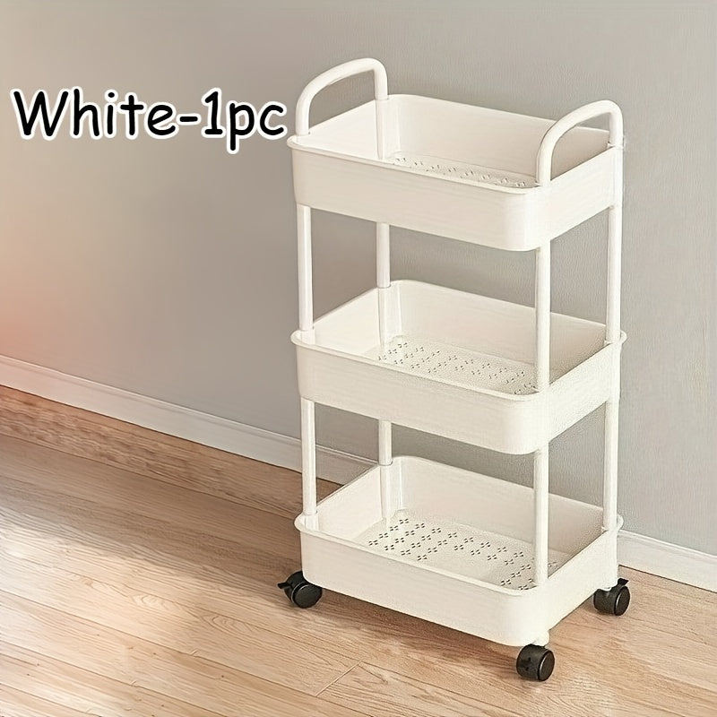 Carrito de almacenamiento plástico blanco de 3 niveles con ruedas – Organizador resistente multicapa para cocina, baño y dormitorio – Ideal para libros, toallas y artículos esenciales – Carrito móvil fácil de mover