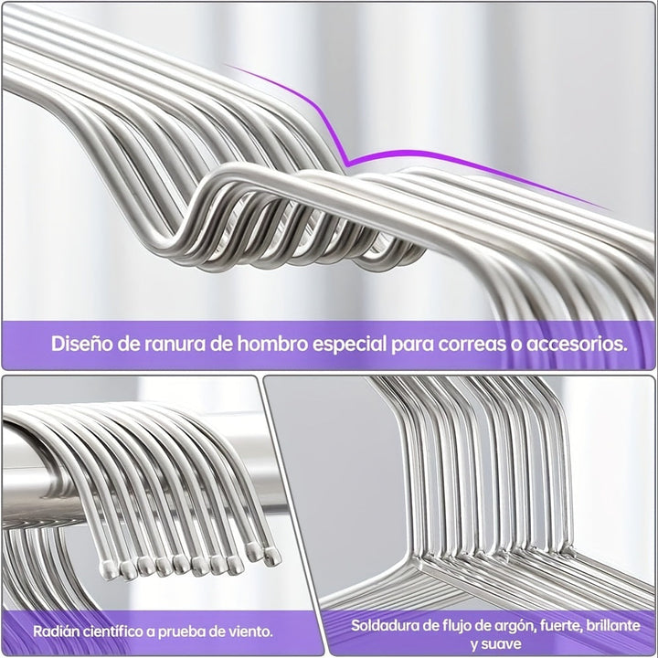 Conjunto de 20 Perchas Metálicas Premium - Antideslizantes, Resistentes y Antióxido, Acero Inoxidable con Acabado Pulido, Ranuras Mejoradas para el Hombro para Organización del Armario, Estantería Ahorradora de Espacio para Abrigos, Vestidos y Más, Ideal