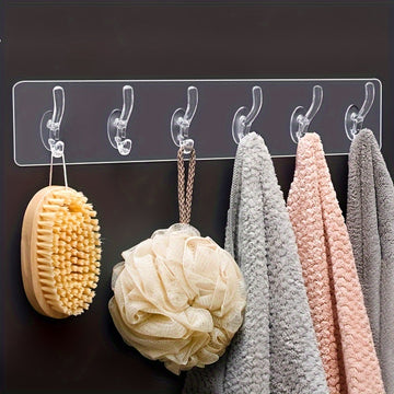 Ganchos de plástico transparente para pared - Fácil instalación, sin perforaciones, adhesivo sin rastro, fila de 6 ganchos para almacenamiento de baño y armario