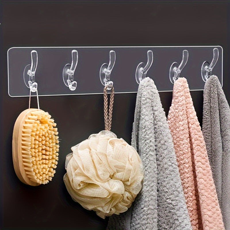 Ganchos de plástico transparente para pared - Fácil instalación, sin perforaciones, adhesivo sin rastro, fila de 6 ganchos para almacenamiento de baño y armario