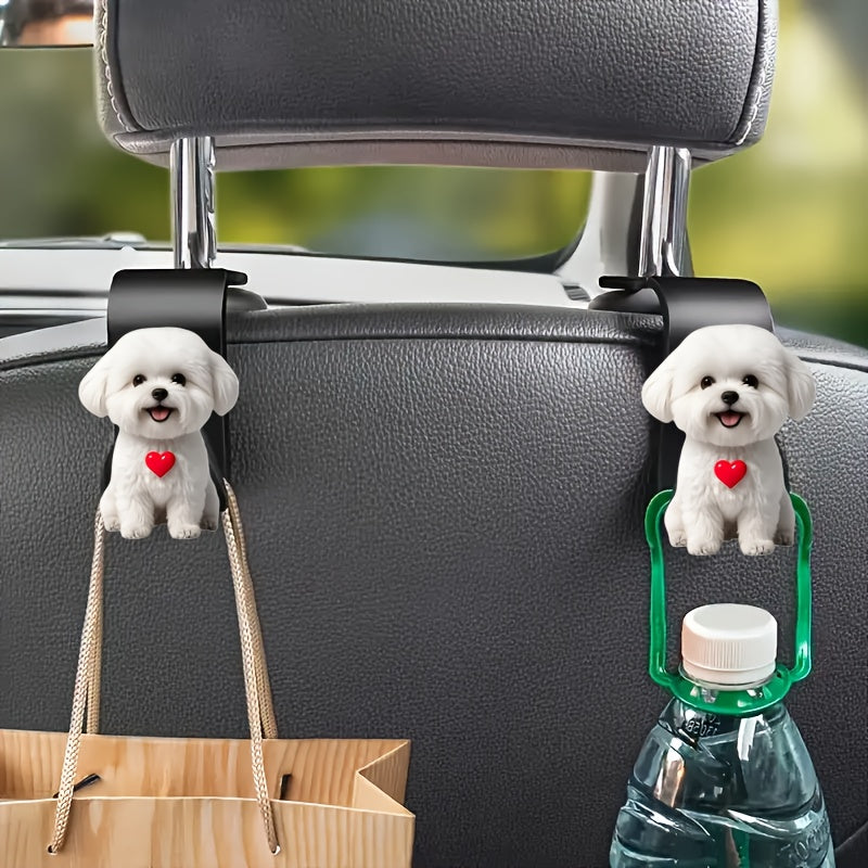 2 piezas - Ganchos de asiento de coche 2D de perro blanco lindo, ganchos de almacenamiento oculto integrados en el asiento trasero, accesorios de asiento de coche, cesta de flores, multifuncionales