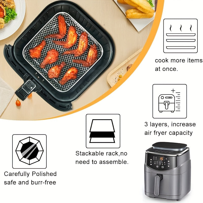 Juego de 3 rejillas deshidratadoras de acero inoxidable apilables, juego de 2 rejillas con 4 brochetas para freidora de aire, rejilla multifuncional para cocinar al vapor, hornear, enfriar y deshidratar, accesorios de cocina, regalo para mamá