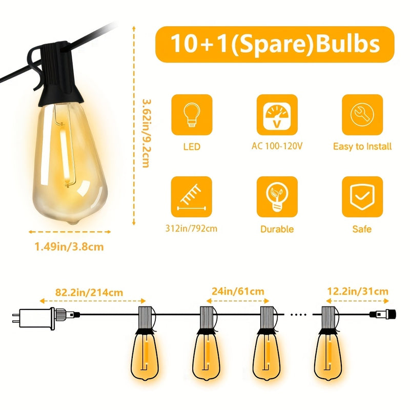 Luces de cuerda al aire libre ST38, 32,3 m/26,21 m/20,11 m/17,07 m/10,97 m/7,92 m, equipadas con 54/44/32/27/16/11 bombillas LED de alta calidad resistentes a los golpes de estilo retro. Adecuadas para calles, patios, cafeterías, bodas, fiestas de cumple