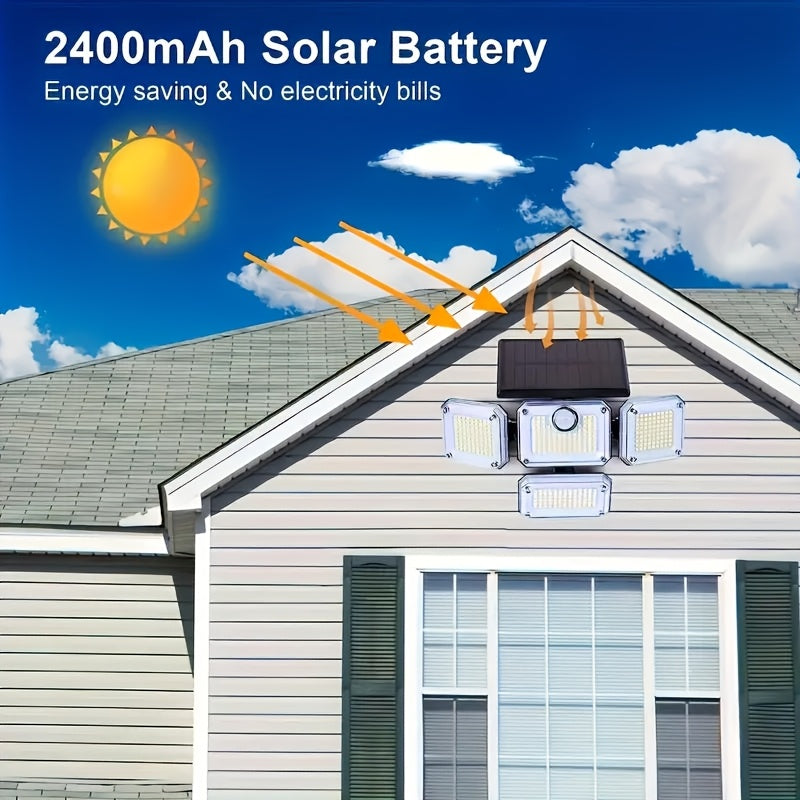 Luz solar para exteriores, 333 LED, con sensor de movimiento, 3 modos con control remoto, luz solar de 4 cabezales, ideal para patio, cochera, porche, jardín, luz solar de pared de 4 cabezales con 333 LED y 3 modos de efecto de luz