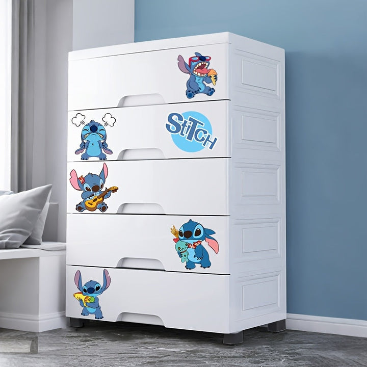 Armario de plástico apilable de 4/5/6/7 capas Stitch, 50cm de ancho, diseño rectangular moderno con ruedas, incluye calcomanías Stitch, ideal para salón, baño, balcón, almacén - Organizador multiusos, almacenamiento de armario, diseño juguetón, almacenam