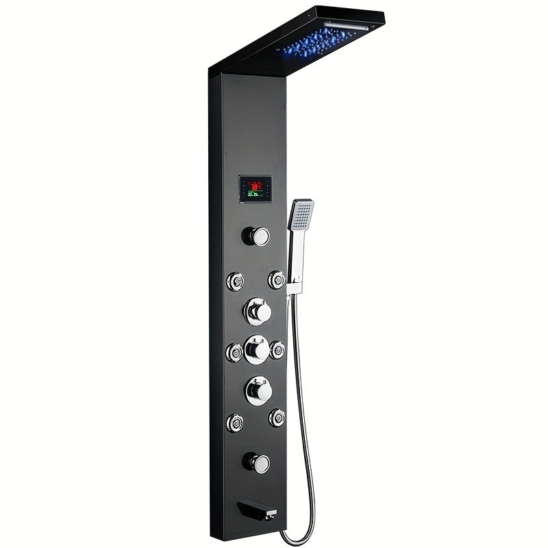 Juego completo de regadera, panel de ducha LED sin pilas con iluminación azul, modos de niebla y lluvia, 5 regaderas para cuerpo y mano, pantalla de temperatura, estructura de latón montada en pared, acabado negro moderno ideal para baños contemporáneos