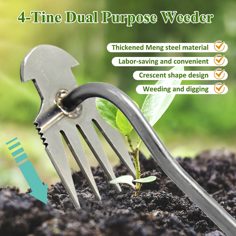 Pulidor de malezas manual de acero inoxidable con mango largo - Herramienta de desmalezamiento de jardín de doble propósito, diseño de 4 garras para la eliminación efectiva de raíces, mango de madera ergonómico para uso en jardines y granjas, eliminador