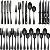 Juego de 24 piezas de cubertería negra, juego de cuchillo y tenedor de acero inoxidable, cuchillo y tenedor de bistec creativo plateado, cuchara y tenedor, cuchara de postre, adecuado para restaurantes en casa, apto para lavavajillas.