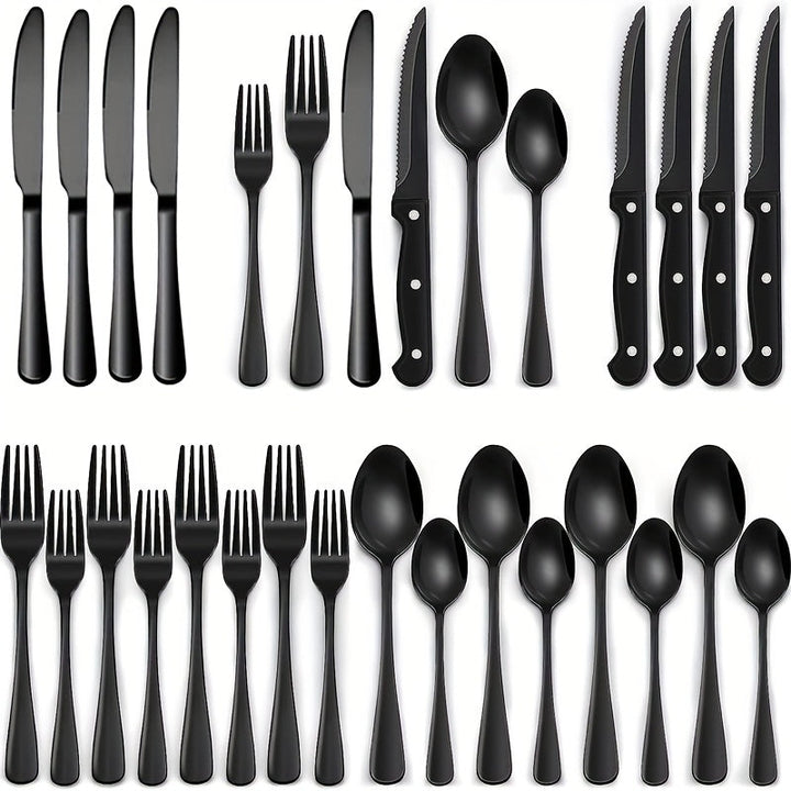 Juego de 24 piezas de cubertería negra, juego de cuchillo y tenedor de acero inoxidable, cuchillo y tenedor de bistec creativo plateado, cuchara y tenedor, cuchara de postre, adecuado para restaurantes en casa, apto para lavavajillas.