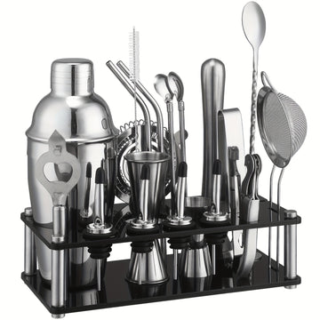 20 piezas Juego de Mixología de Acero Inoxidable con Shaker, Colador, Muddler, Jigger, Cuchara, Filtro de Hielo, Abrebotellas, Salidas de Vino y Soporte de Herramientas de Acrylic - Kit de Barman Completo