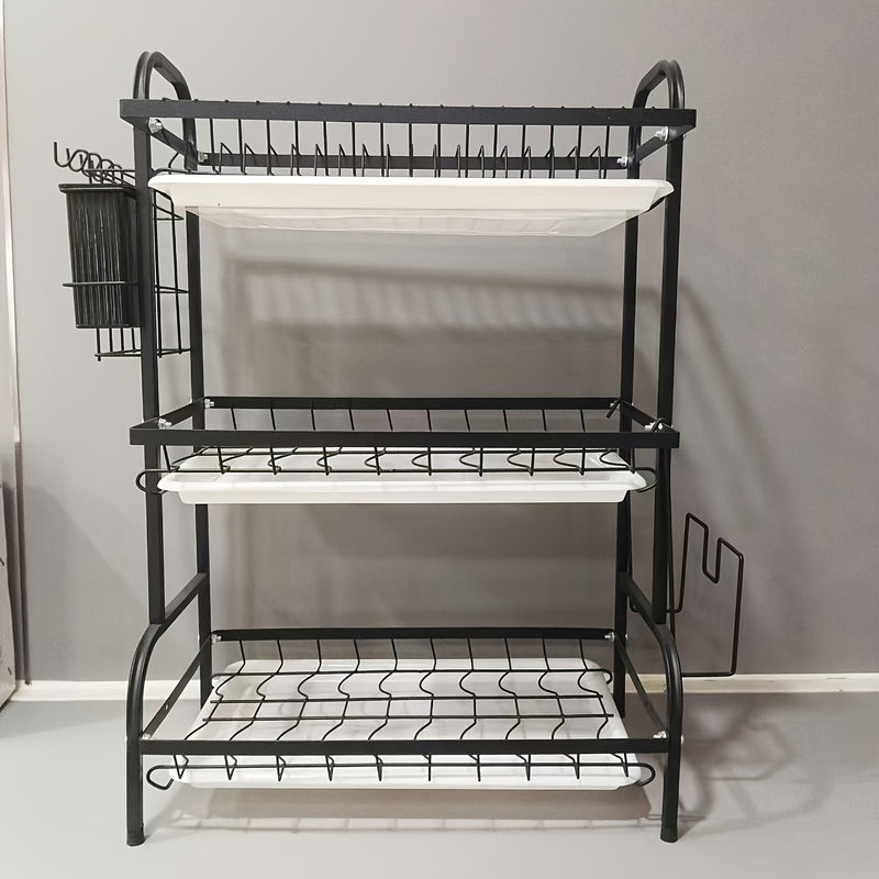 1 Juego de Platos de Acero de Carbono de Alta Calidad con 3 Niveles y Tablero de Drenaje, Gran Capacidad, Estantería de Almacenamiento de Cocina para Platos, Cubiertos y Tablas de Cortar, Platos Secadores c6163-11
