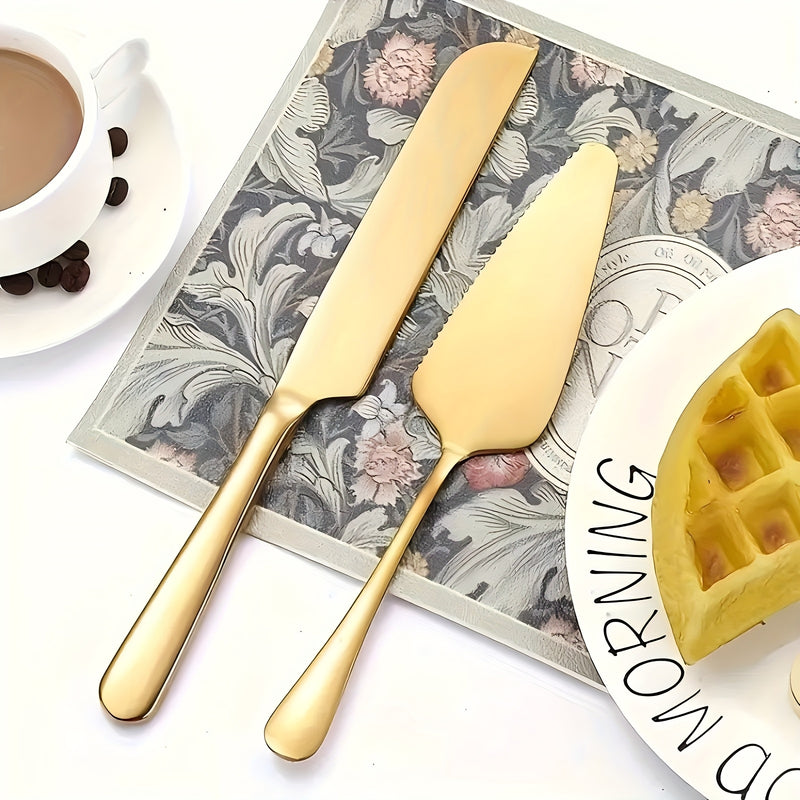 Juego de 2 cuchillos para pastel y pala para pizza de acero inoxidable dorado - Ideal para cumpleaños, bodas, fiestas y ocasiones especiales, perfecto para servir postres y pizzas, utensilios para ocasiones especiales | Vajilla elegante | Cubiertos durad