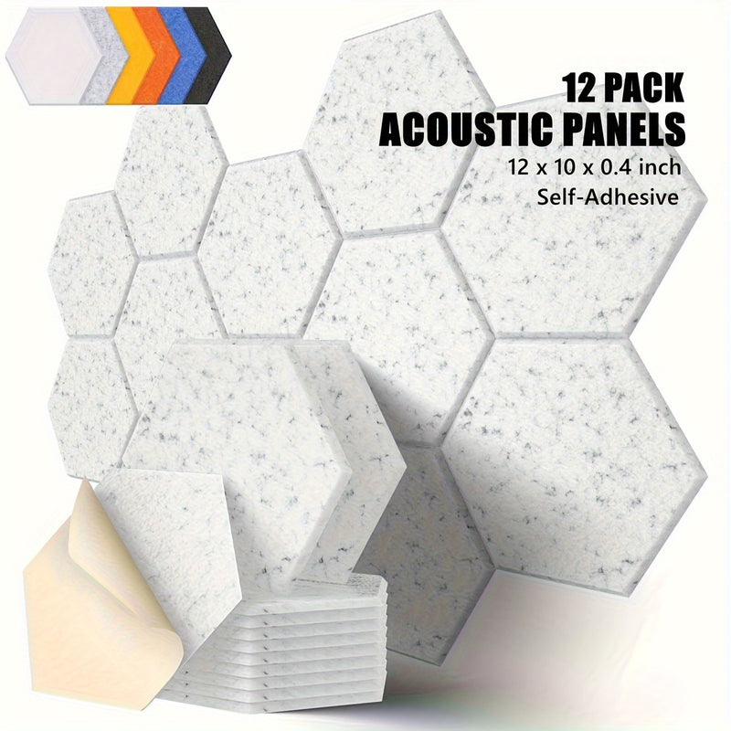 12 paneles de espuma acústica, 30.48 cm x 25.4 cm x 1.02 cm, diseño hexagonal elegante, autoadhesivos, retardantes de llama, reducen el ruido y eliminan ecos (NRC>0.9)
