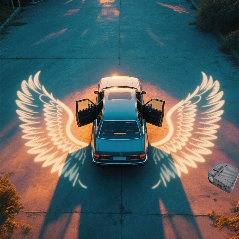 Pack de 2 Luces Proyectores para Puertas de Coche - Alas de Ángel con Diseño en Fibra de Carbono , LED Ultra-Brillante de 500LM a Batería (Baterías No Incluidas) para Autos, Entradas y Eventos, Iluminación Inmersiva, Proyector de Luz para Puerta de Coche