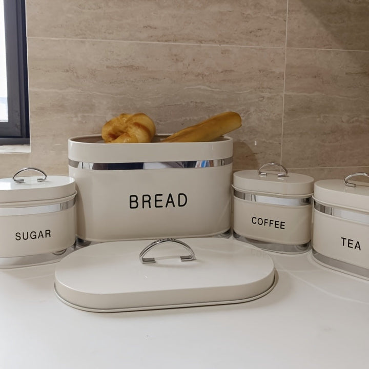 Juego de 4 Piezas Recipiente Hermético para Almacenar Pan, Café y Té en Tarro Metálico con Tapón de Acero