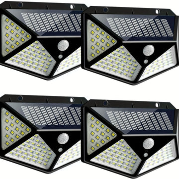 Luces solares para exteriores [100 LED / 3 modos de operación], lámpara de seguridad solar con sensor de movimiento, ideal para jardín, cerca, patio, cochera y terraza