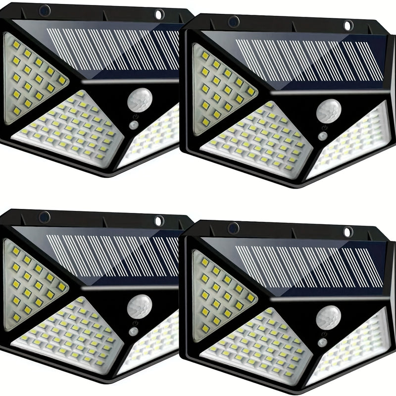 Luces solares para exteriores [100 LED / 3 modos de operación], lámpara de seguridad solar con sensor de movimiento, ideal para jardín, cerca, patio, cochera y terraza