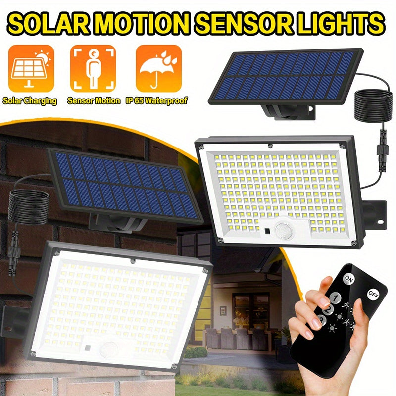 172 luces solares LED brillantes con sensor de movimiento para exteriores, control remoto, panel independiente, cable de 5,0 metros, iluminación de amanecer a anochecer, farola solar para porche exterior, patio, jardín, cobertizo, pared, regalo de Navida