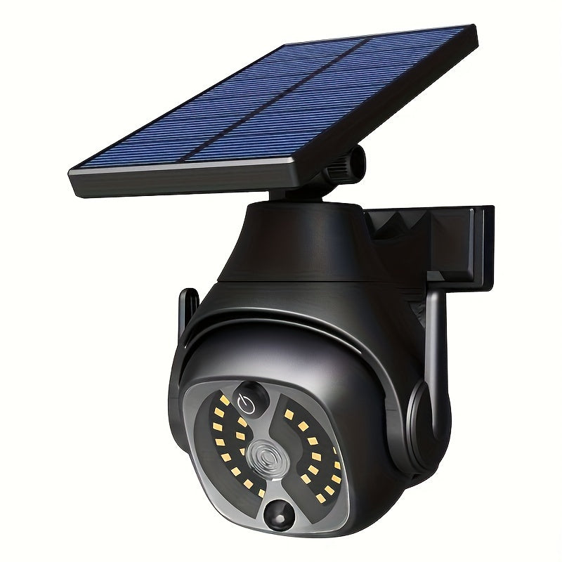 1 lámpara solar de pared LED con sensor de movimiento, luz falsa de vigilancia inalámbrica, panel solar giratorio 180°, iluminación solar simulada para porche, jardín, patio o entrada