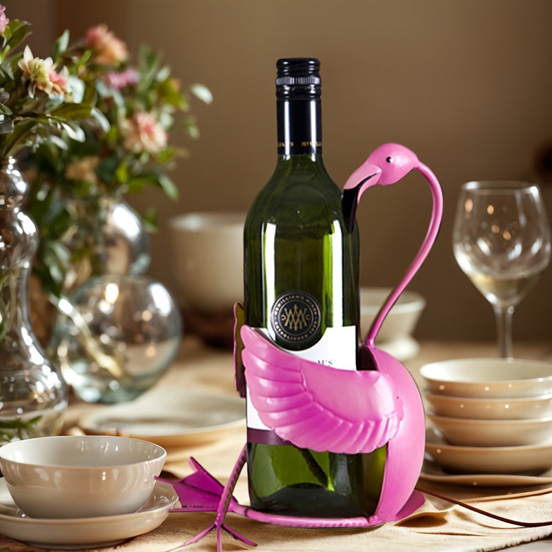 Soporte de vino de metal con forma de flamenco y soporte de vidrio - Creativo almacenamiento de botellas de vino rojo, diseño de ave divertido para decoración de escritorio, cocina y hogar, decoración única del hogar, diseño juguetón, construcción sólida.