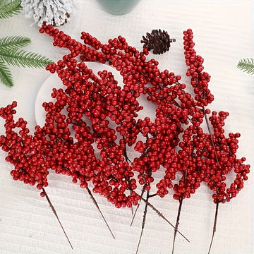 10 tallos de bayas artificiales rojas vibrantes - Ideal para decoración de árbol de Navidad y fiestas, no requiere energía